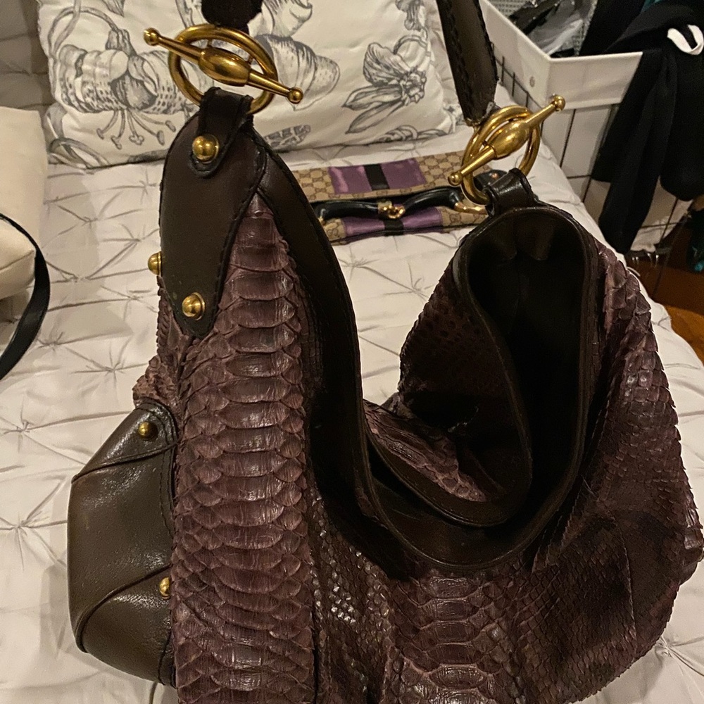 GUCCI PYTHON REAL SNAKE SKIN XL HORSEBIT HOBO HANDBAG BAG